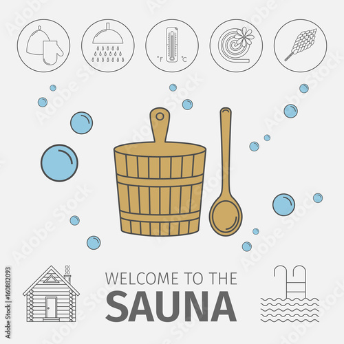 Conceptual poster with elements of Russian banya. Icons set.