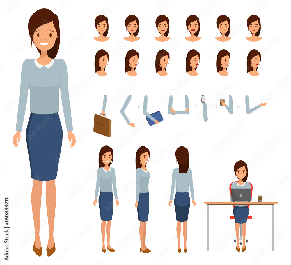 Woman character constructor for different poses. Set of various women's faces. Illustration vector isolated on white background. Woman character constructor for different poses. Set of various women's faces. Illustration vector isolated on white background.