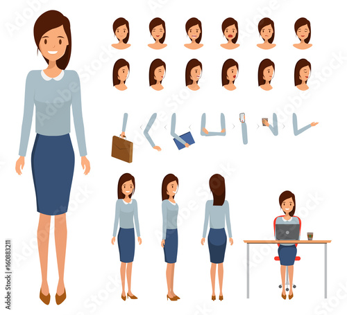 Woman character constructor for different poses. Set of various women's faces. Illustration vector isolated on white background.