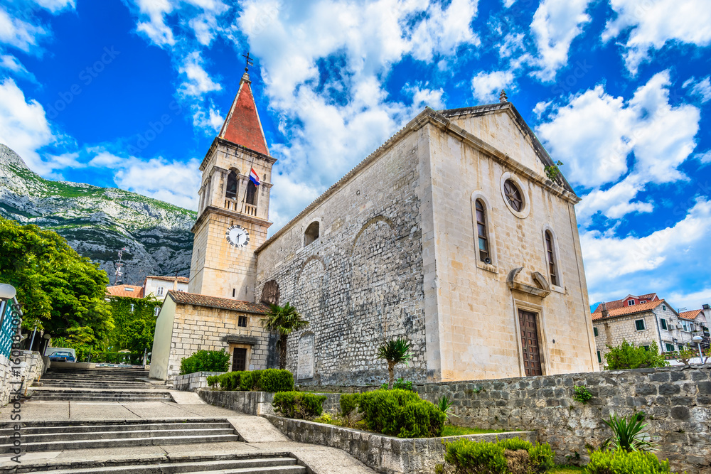 Makarska church. / Scenic view at famous historic and touristic landmark in Makarska town, Croatia.