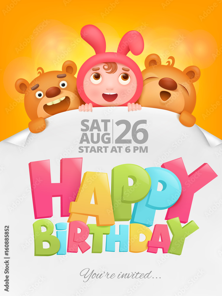 Happy Birthday invitation card with girl in pink bunny costume Happy Birthday invitation card with girl in pink bunny costume