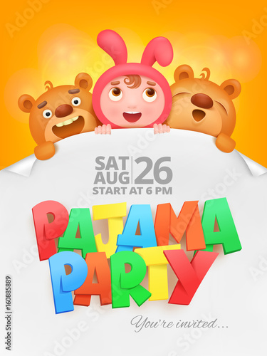 pajama party invitation card with cartoon funny characters.