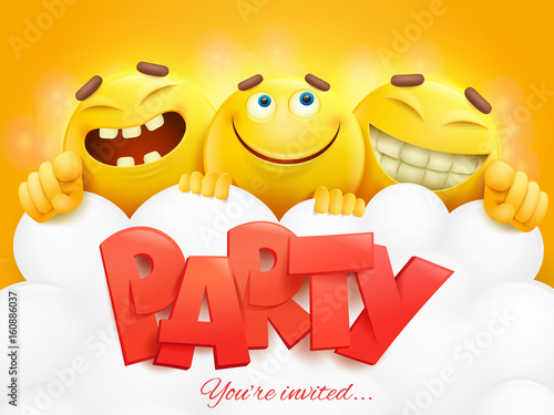 Party invitation card template with three emoji characters