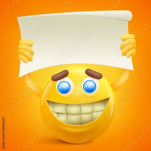 Yellow smiley cartoon character with paper banner in hands