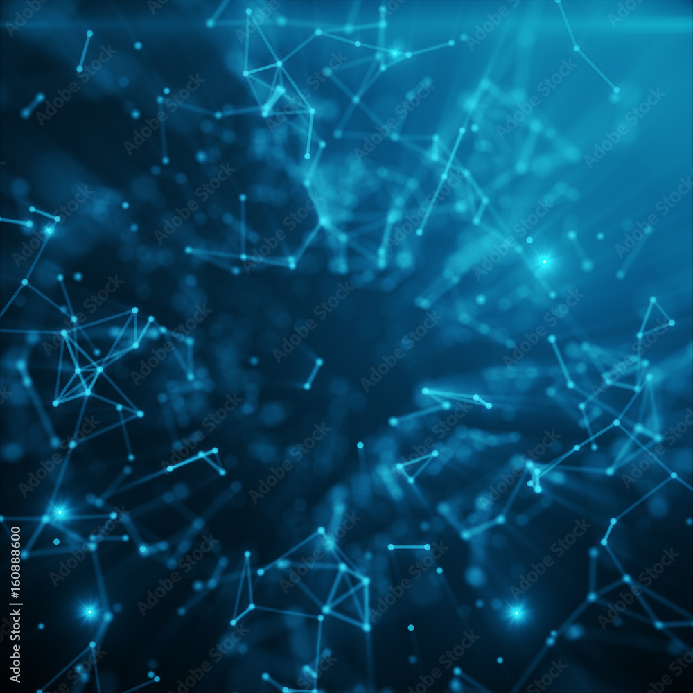 Obraz premium Abstract space blue tint background. Chaotically connected points and polygons flying in space. Flying debris. Futuristic technology style. Elegant background for business presentations, 3D rendering