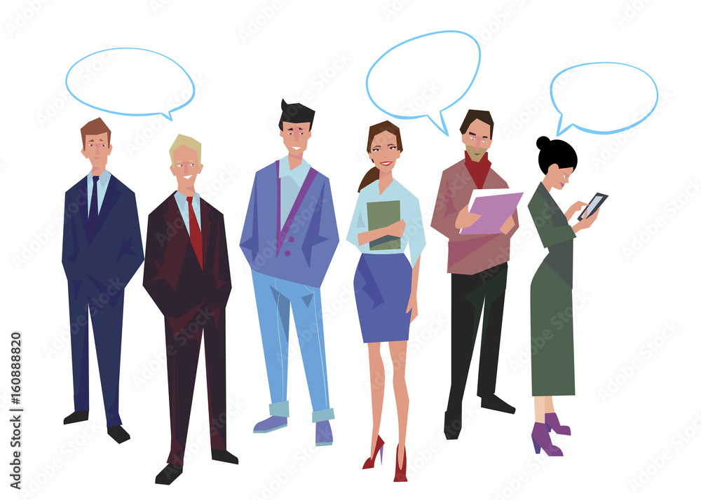 Group of office workers, employees, managers with speech bubble. Business people in casual and office clothes. Isolated on white. Business Icons. Business design. Vector illustration. Group of office workers, employees, managers with speech bubble. Business people in casual and office clothes. Isolated on white. Business Icons. Business design. Vector illustration.