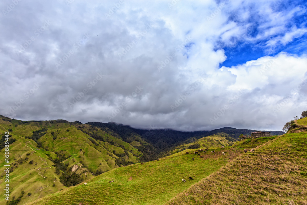 Grey clouds over green pasture land in the mountains outside of Salento, Colombia.