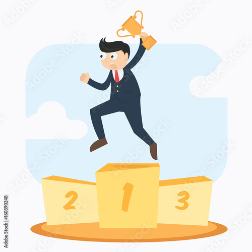 happy smiling businessman with trophy winner on first podium cartoon vector illustration