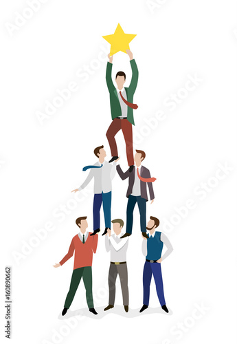Cartoon working little people with golden star. Vector illustration for business design and infographic.