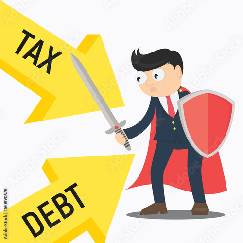 young businessman protect from debt and tax with sword and shield cartoon vector illustration