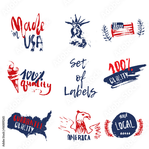 Made in USA set of grunge hand drawn labels with american flag, statue of liberty
