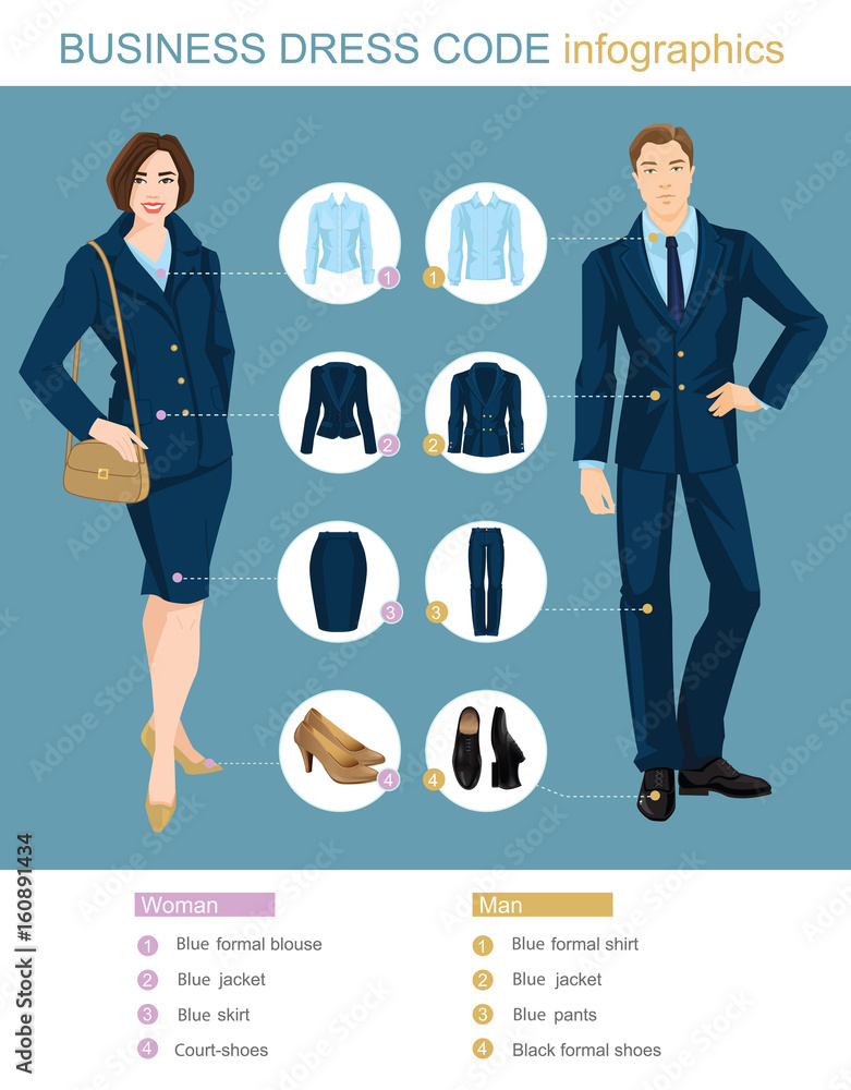Business dress code infographics. Man ans woman in blue suits isolated ...