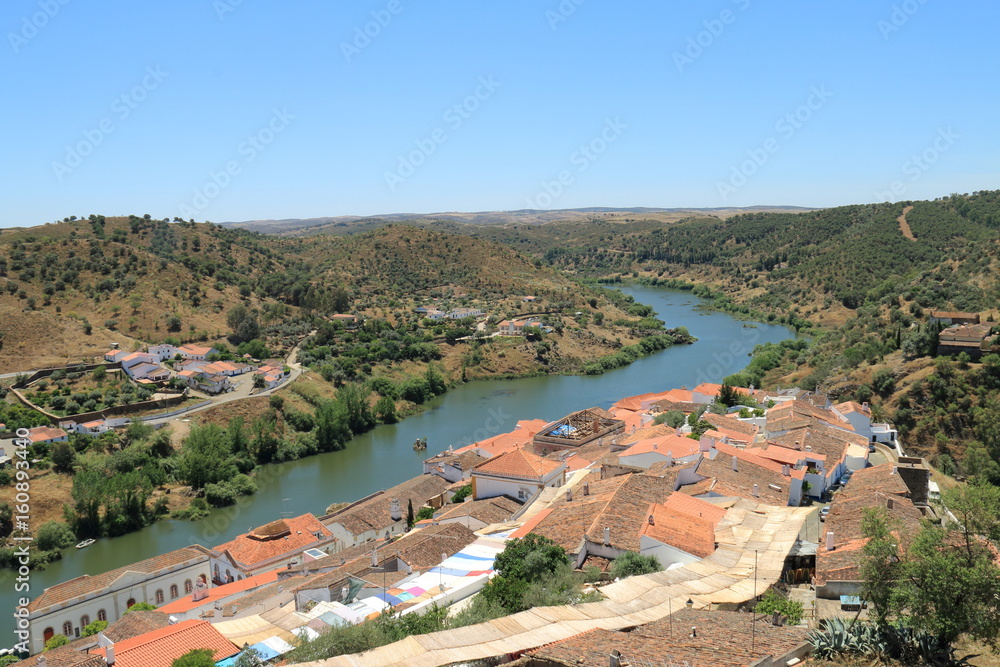 Panoramic view of the medieval village of Mertola, in Portugal, located on the banks of the Guadiana River