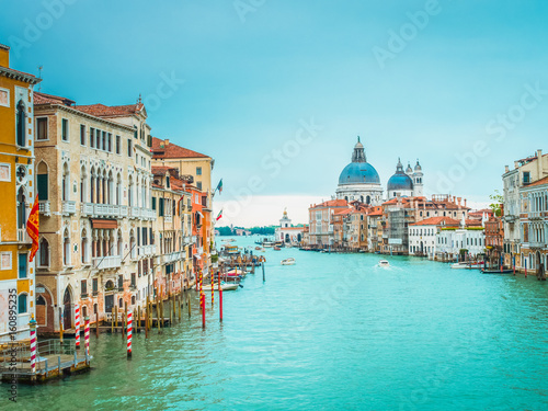 Beautiful view of famous Canal Grande with Basilica di Santa Maria della Salute. View of Canal Grande from Accademia's bridge. Venice, Italy.