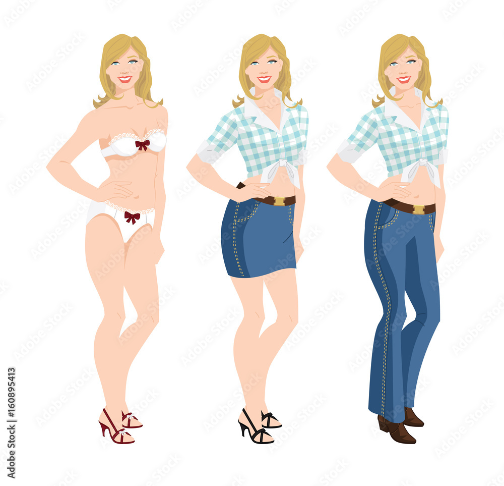 Vector illustration of blonde girls in lace underwear and jeans, skirt and blouse on white background Vector illustration of blonde girls in lace underwear and jeans, skirt and blouse on white background