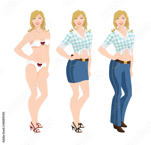 Vector illustration of blonde girls in lace underwear and jeans, skirt and blouse on white background