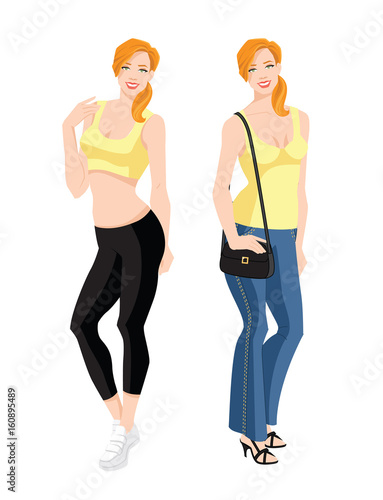 Vector illustration of woman character in different clothes isolated on white background.