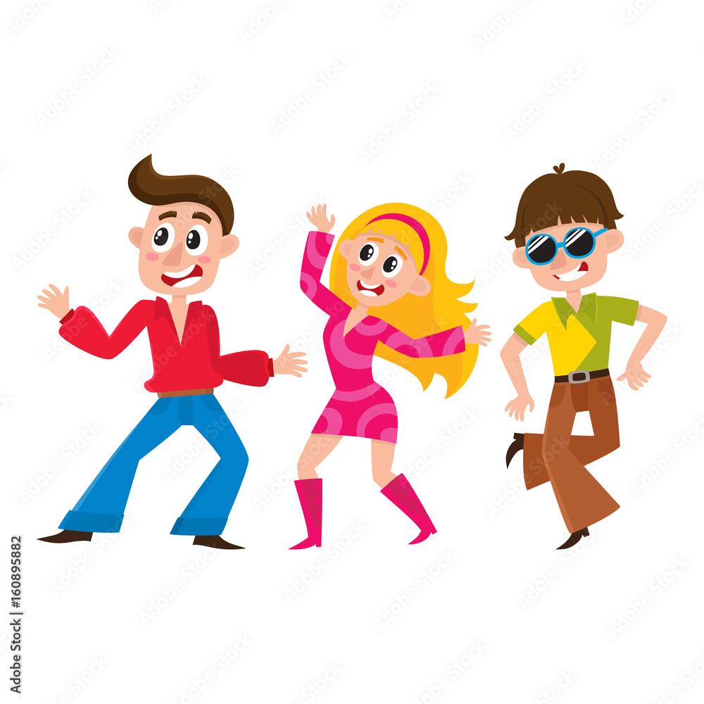 Set of retro disco dancers, Caucasian boys and girls, men and women, cartoon vector illustration isolated on white background. Men and women in colorful clothes dancing at retro disco party