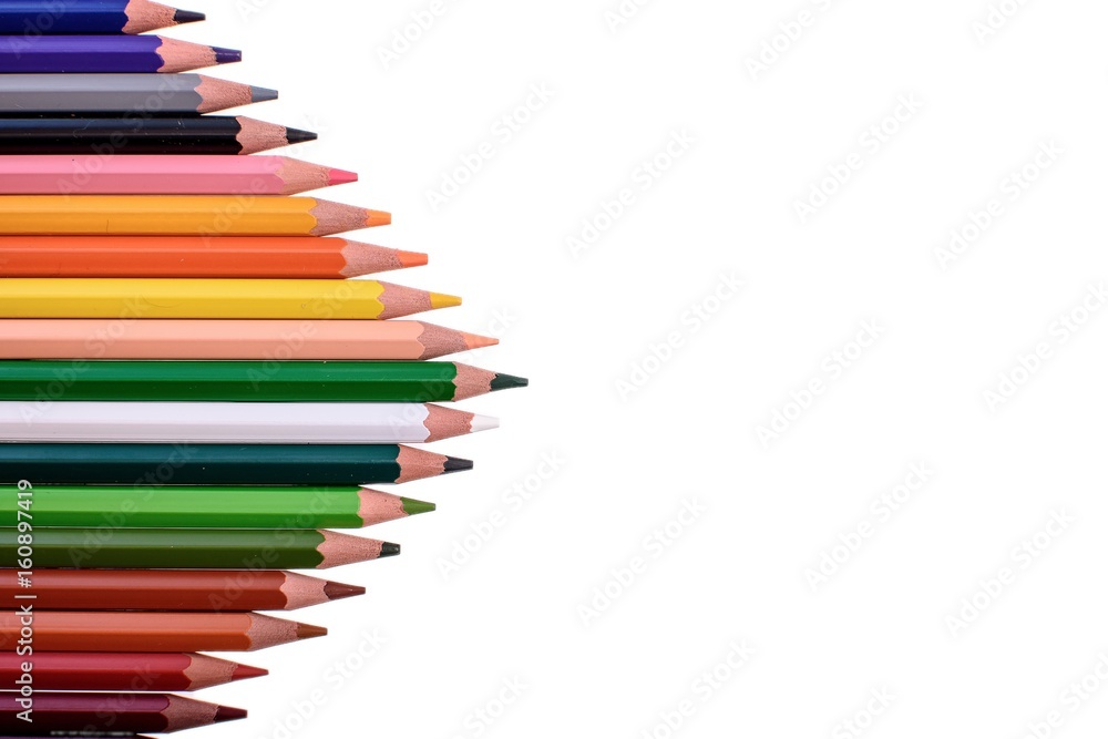 Many colored pencils isolated on white background, place for text Many colored pencils isolated on white background, place for text