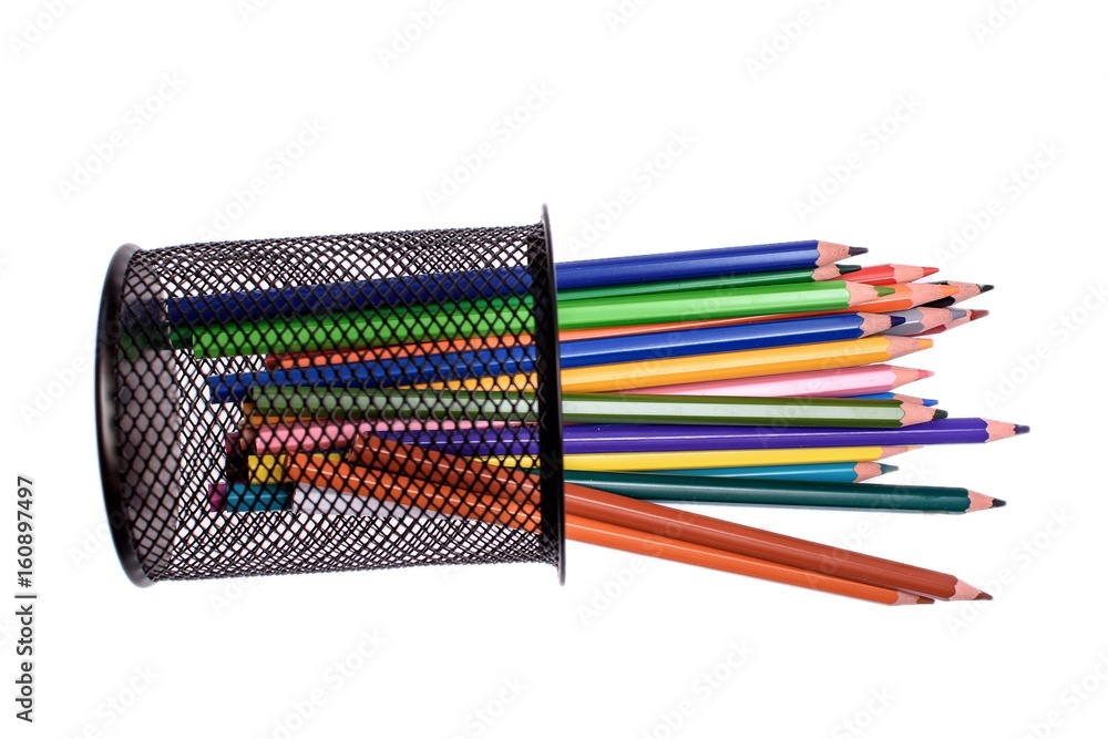Many colored pencils isolated on white background, place for text Many colored pencils isolated on white background, place for text