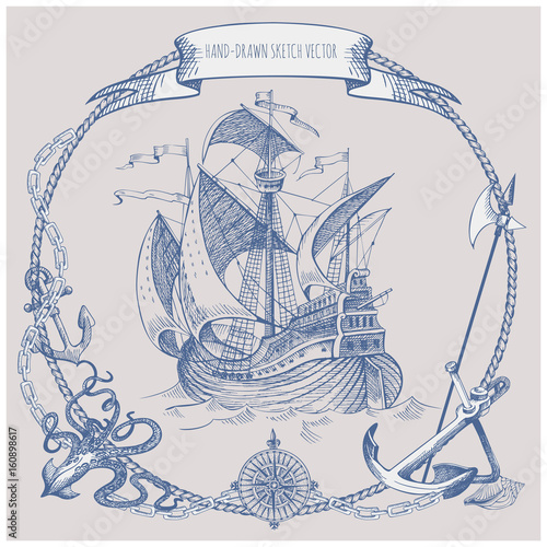 Adventure stories. Pirate background. Vintage border frame. Old caravel, vintage sailboat, sea monster.