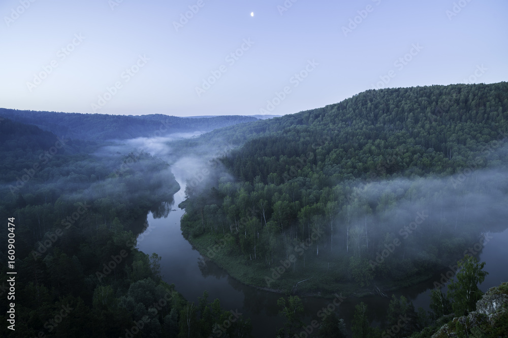 Mountain forest landscape. Trees and the river in the fog in the early morning.