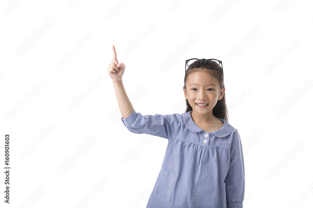 Little asian girl wear glass smiling and lift the empty hand isolate on white backgound, Concept of kid presenting products Little asian girl wear glass smiling and lift the empty hand isolate on white backgound, Concept of kid presenting products