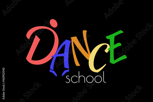 Dance school logo. Color text. Black background.