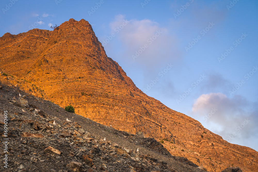 The limestone mountain hills lit by the setting sun with seagulls below