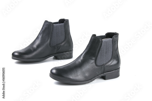Female Black Boot on White Background, Isolated Product, Top View, Studio.