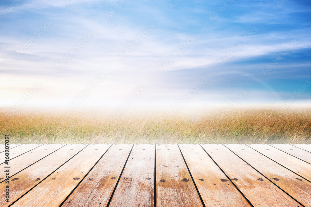 Wood table top with grass natural and blue skies background in summer time.
