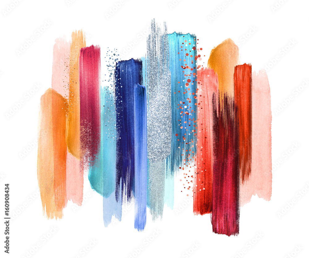 abstract watercolor brush strokes isolated on white background, paint  smears, red blue palette swatches, modern wall art Stock Photo | Adobe Stock