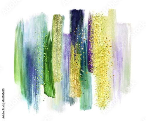 abstracte aquarel penseelstreken geïsoleerd op een witte achtergrond, verf uitstrijkjes, groene tinten, palet stalen, moderne kunst aan de muur