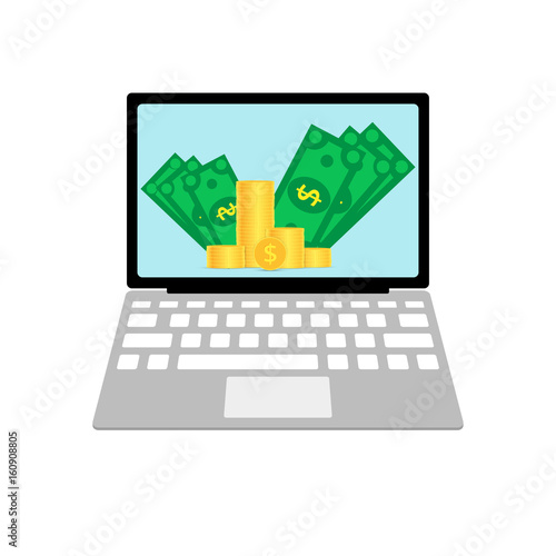 Open laptop. On the laptop screen money and a pile of coins. Flat style. Vector illustration isolated on white background