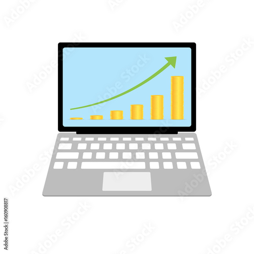 Open laptop. On the laptop screen, a growth chart and a stack of coins. Flat style. Vector illustration isolated on white background