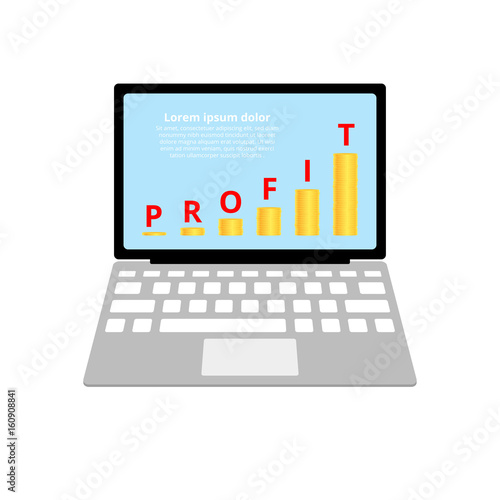 Open laptop. On the laptop screen, a growth chart and a stack of coins. Flat style. Vector illustration isolated on white background