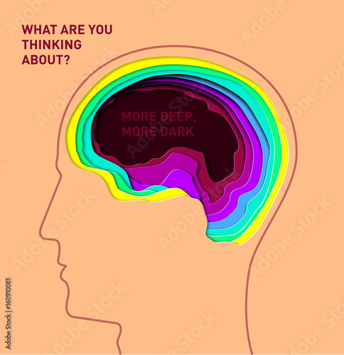 Human head - vector illustration in style of material. Volumetric multilevel cut from a paper of a profile of person. Curvilinear form of human brain. Creative idea.