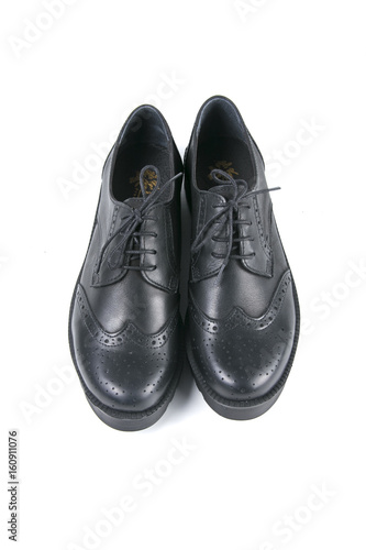 Black Shoe on White Background, Isolated Product, Top View, Studio.