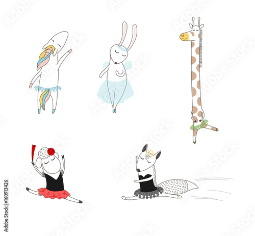 Cute animal ballerinas - sheep, fox, unicorn, bunny and giraffe