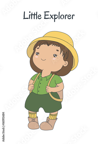 Cute plump little explorer girl in a safari helmet