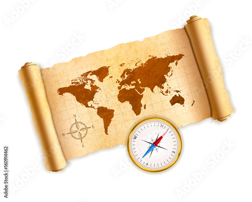 Ancient world map on old textured scroll with glossy compass on white