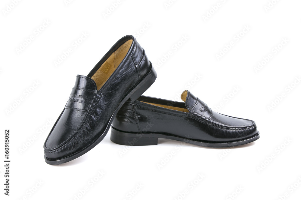 Black Shoe on White Background, Isolated Product, Top View, Studio. Black Shoe on White Background, Isolated Product, Top View, Studio.