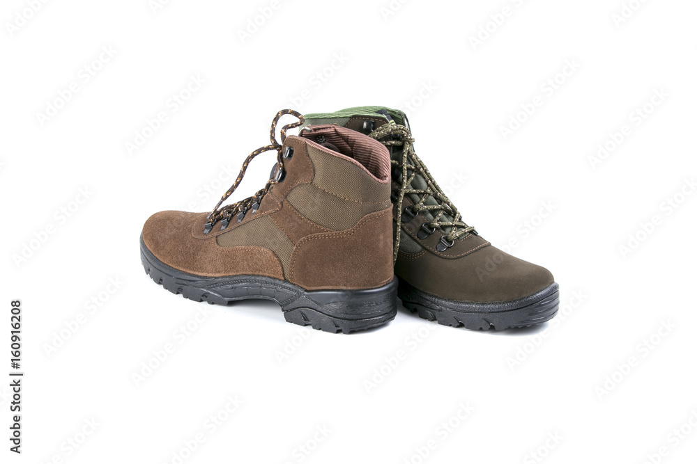 Boots on White Background, Isolated Product, Top View, Studio. Boots on White Background, Isolated Product, Top View, Studio.