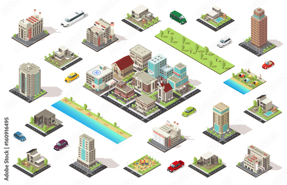 Fototapeta premium Isometric City Constructor Elements Set