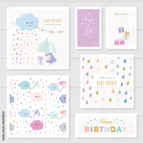 Cute cards with gold glitter elements for girls. For baby shower, birthday, babies clothes, notebook cover. Included two seamless patterns with rain drops and clouds. Watercolor.