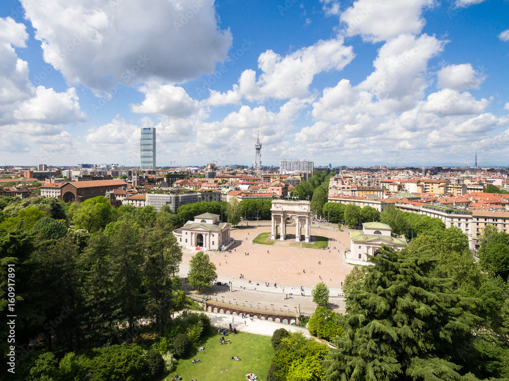 Aerial view of the Triumph Arc - Arco Della Pace in Sempione park in Milan, Italy