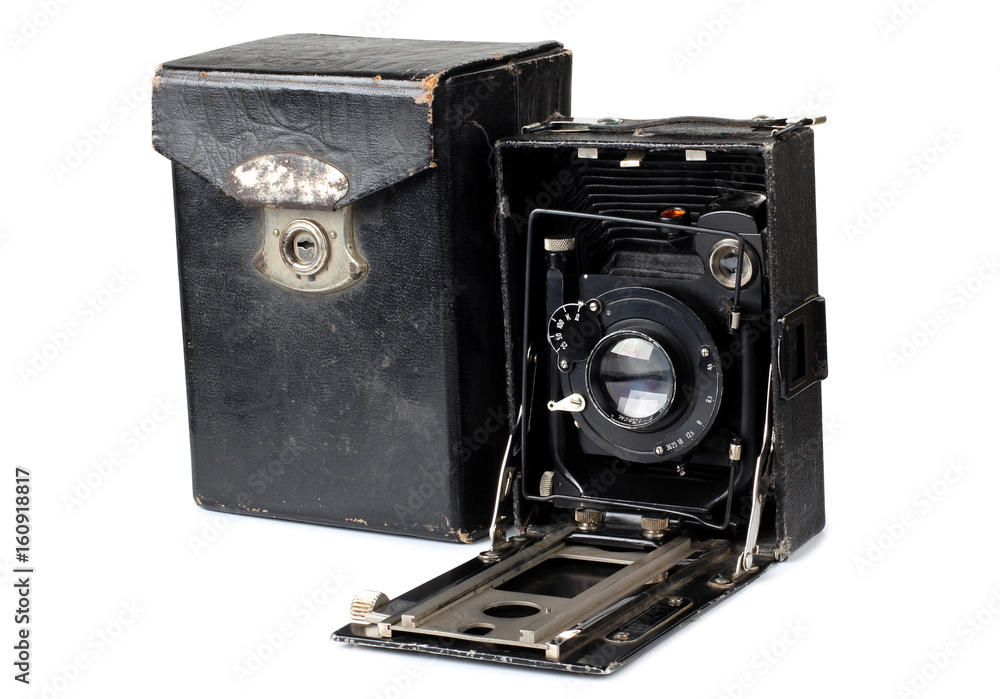 Ancient camera and case on a white background Ancient camera and case on a white background