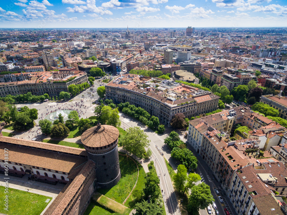 Fototapeta premium Aerial photography view of Sforza castello castle in Milan city in Italy