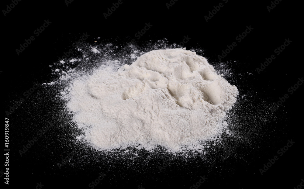 Pile of wheat flour isolated on black background, Pile of wheat flour isolated on black background,