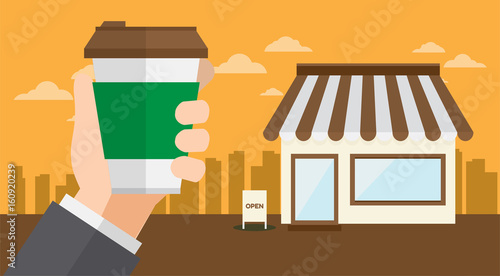 hand hold baverage cup. coffee , tea cup. food and drink. street cafe. shop and location. vector illustration.
